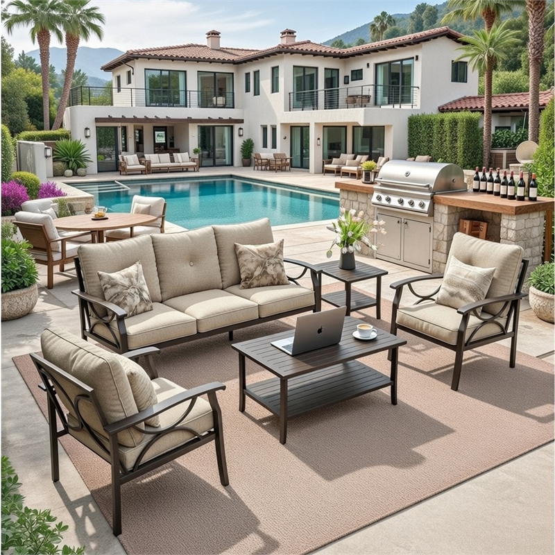 5-Piece Metal Patio Furniture Set - 5-Seat All-Weather Conversation - Beige