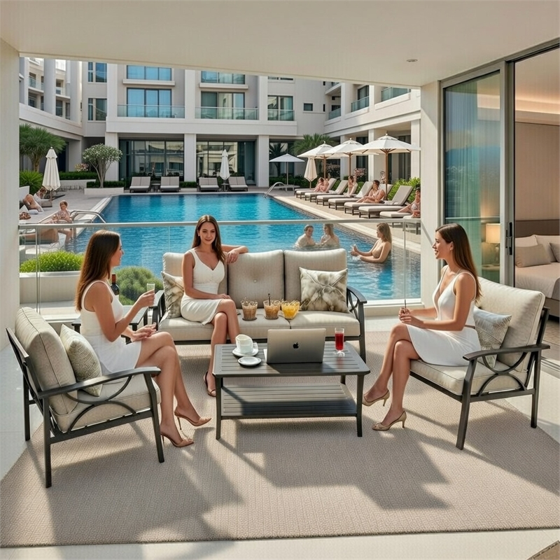 5-Piece Metal Patio Furniture Set - 5-Seat All-Weather Conversation - Beige