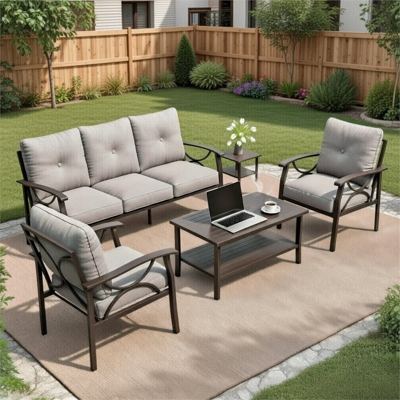 5-Piece Metal Patio Furniture Set - 5-Seat All-Weather (Khaki Frame)