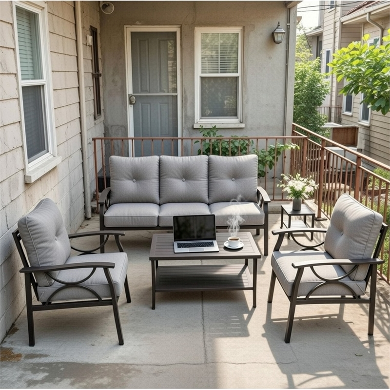 5-Piece Metal Patio Furniture Set - 5-Seat All-Weather (Khaki Frame)