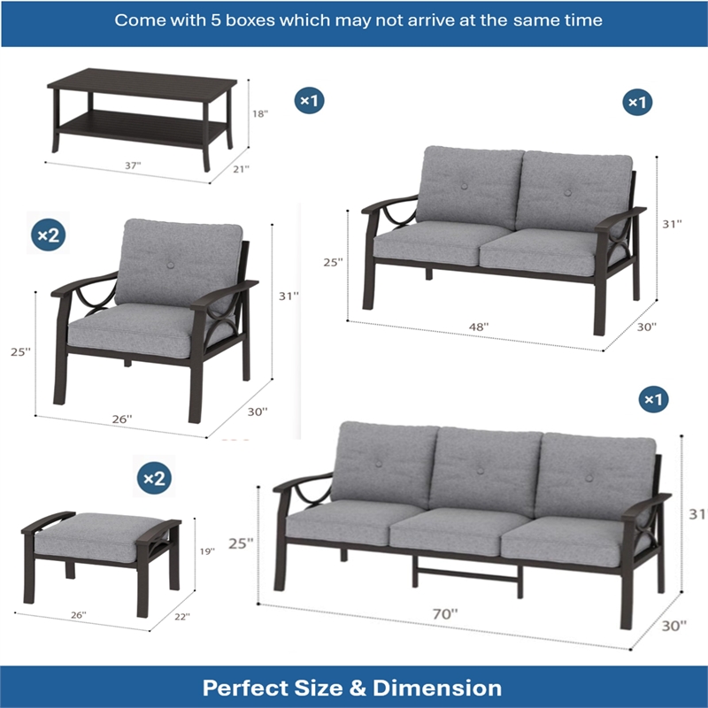7-Piece Metal Patio Furniture Set - 9-Seat - Gray Cushions - Khaki Frame