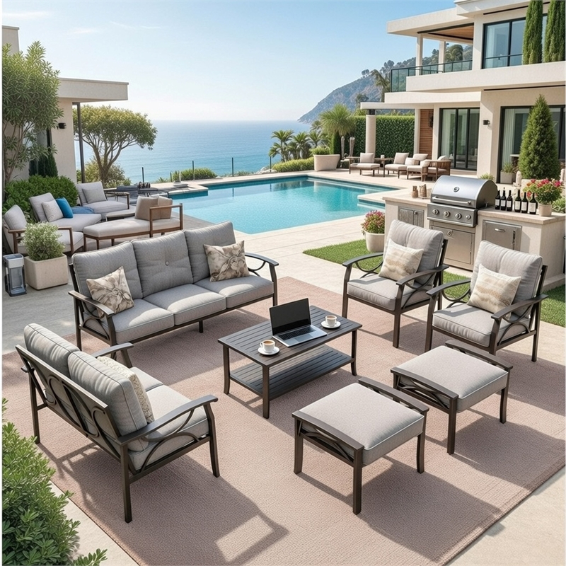7-Piece Metal Patio Furniture Set - 9-Seat - Gray Cushions - Khaki Frame