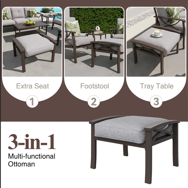 7-Piece Metal Patio Furniture Set - 9-Seat - Gray Cushions - Khaki Frame