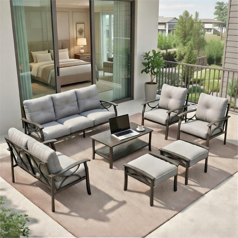 7-Piece Metal Patio Furniture Set - 9-Seat - Gray Cushions - Khaki Frame