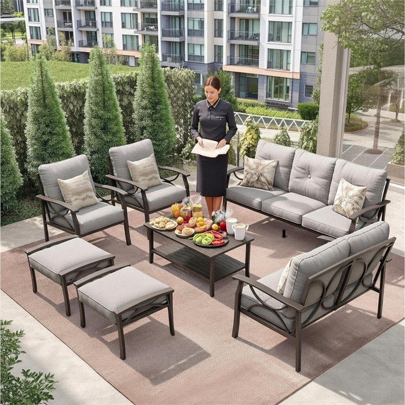 7-Piece Metal Patio Furniture Set - 9-Seat - Gray Cushions - Khaki Frame