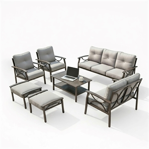 7-Piece Metal Patio Furniture Set - 9-Seat - Gray Cushions - Khaki Frame