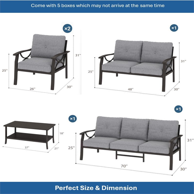 5-Piece Metal Patio Furniture Set - 7-Seat - Gray Cushions - Khaki Frame
