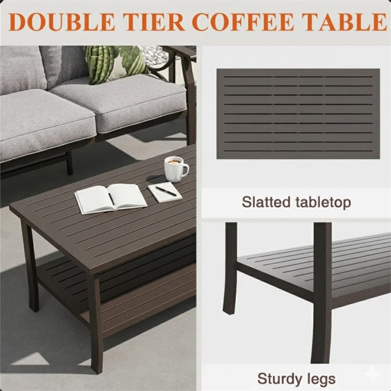 5-Piece Metal Patio Furniture Set - 7-Seat - Gray Cushions - Khaki Frame