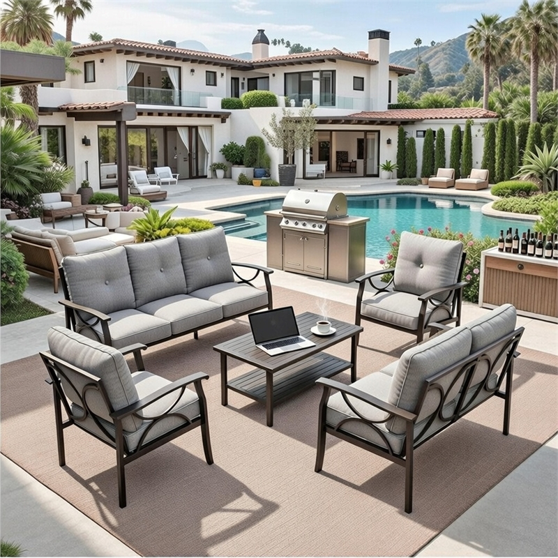 5-Piece Metal Patio Furniture Set - 7-Seat - Gray Cushions - Khaki Frame
