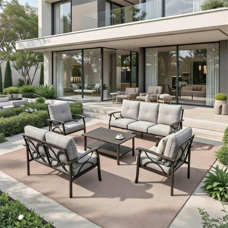 5-Piece Metal Patio Furniture Set - 7-Seat - Gray Cushions - Khaki Frame