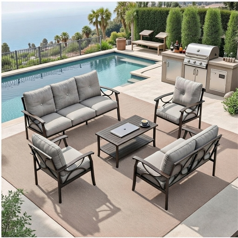 5-Piece Metal Patio Furniture Set - 7-Seat - Gray Cushions - Khaki Frame