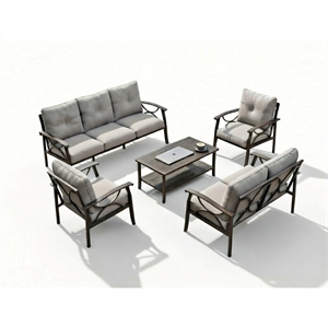 5-Piece Metal Patio Furniture Set - 7-Seat - Gray Cushions - Khaki Frame