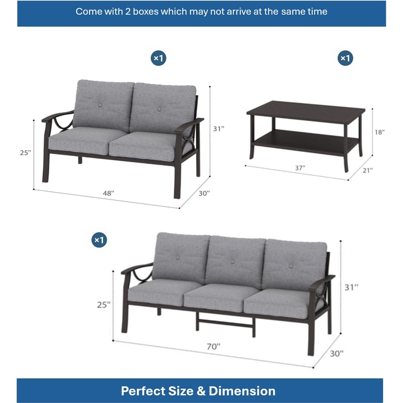3-Piece Metal Patio Furniture Set - 5-Seat - Gray Cushions - Khaki Frame