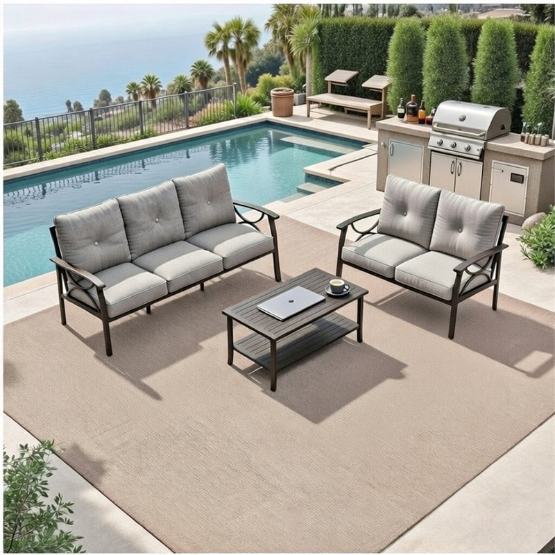 3-Piece Metal Patio Furniture Set - 5-Seat - Gray Cushions - Khaki Frame
