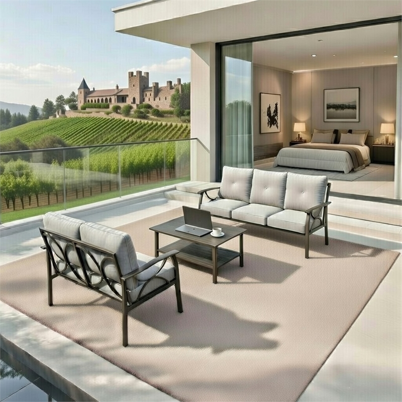 3-Piece Metal Patio Furniture Set - 5-Seat - Gray Cushions - Khaki Frame