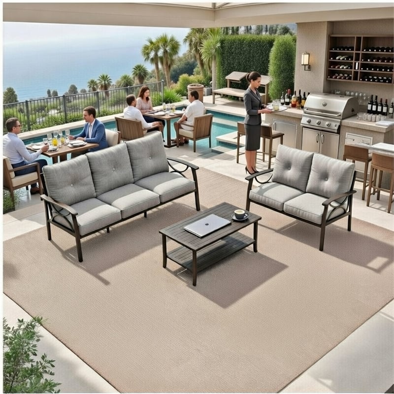 3-Piece Metal Patio Furniture Set - 5-Seat - Gray Cushions - Khaki Frame