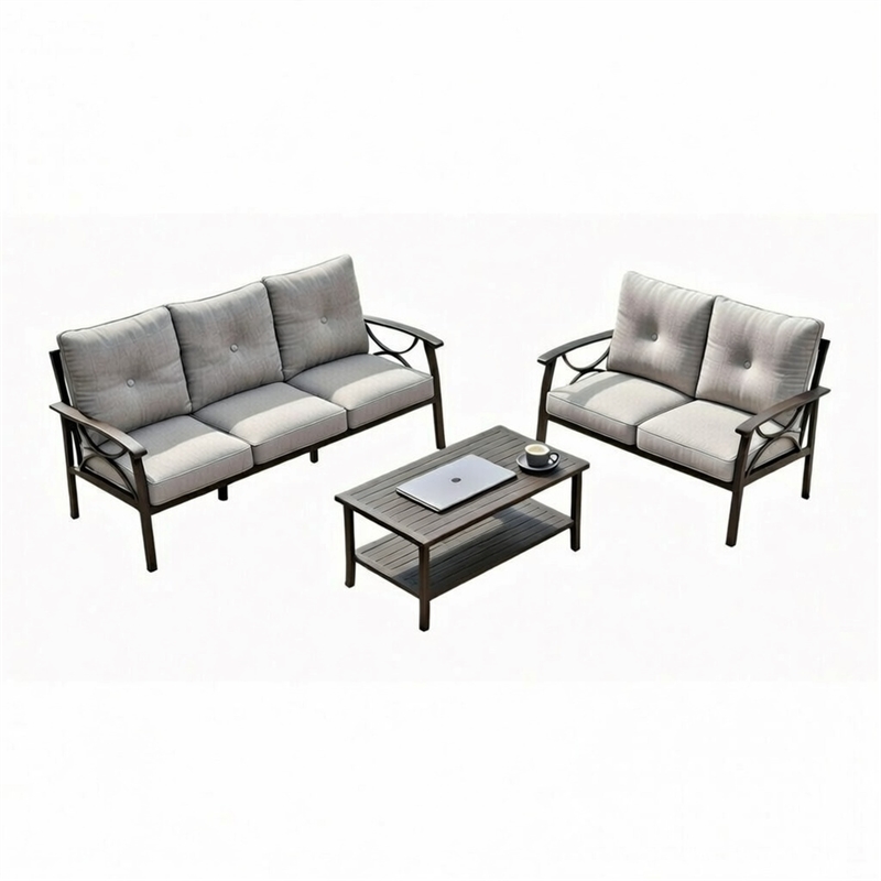 3-Piece Metal Patio Furniture Set - 5-Seat - Gray Cushions - Khaki Frame