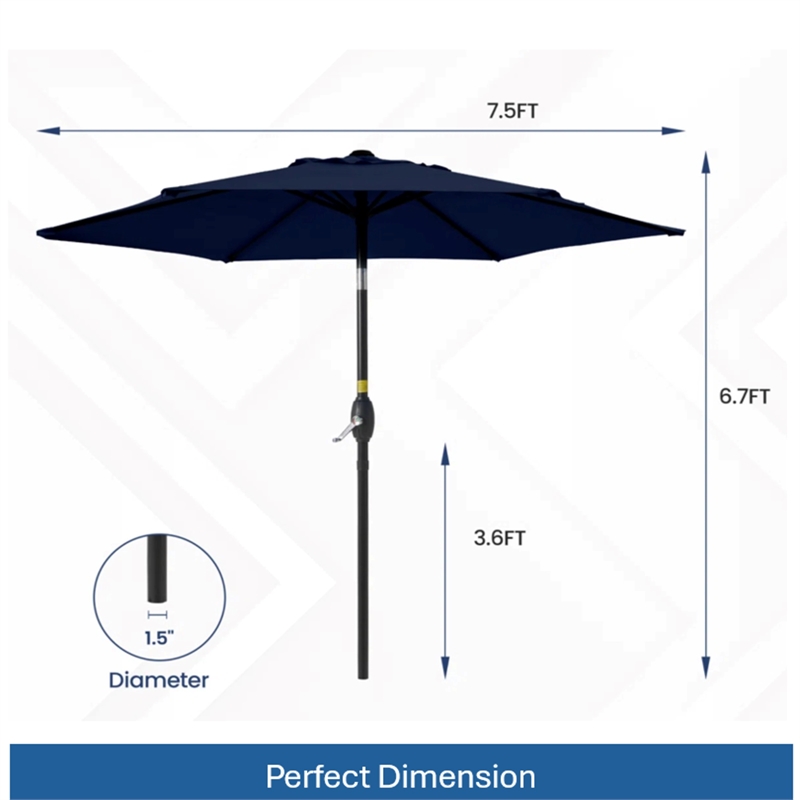 7.5 Feet Navy Blue Market Umbrella - Tilt. UV-Resistant Canopy for