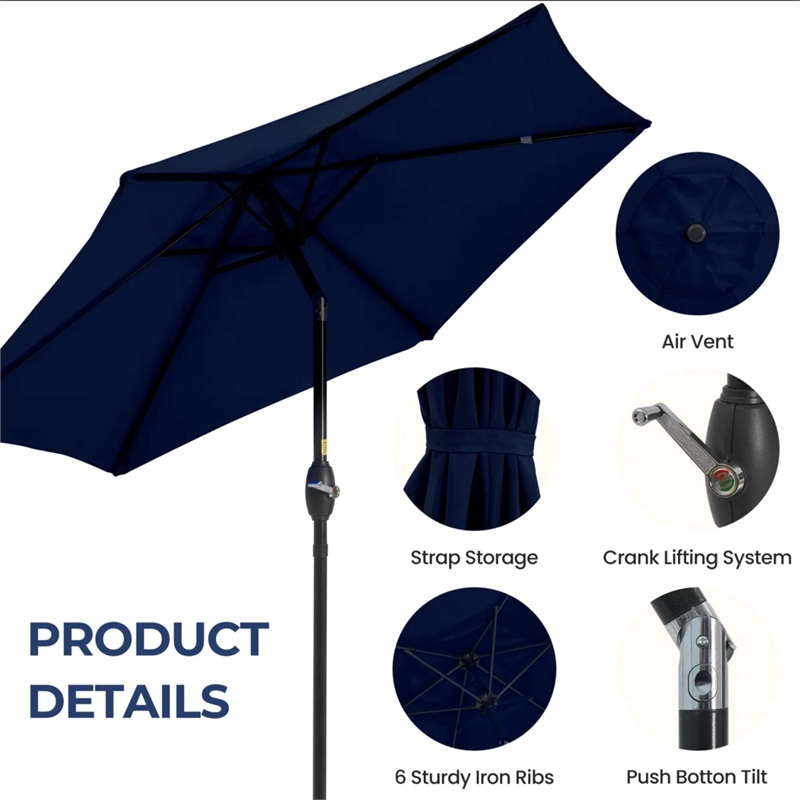7.5 Feet Navy Blue Market Umbrella - Tilt. UV-Resistant Canopy for