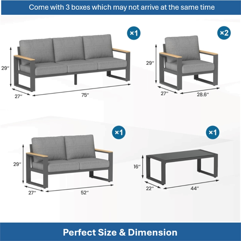 All-Weather 5-Piece Ultra Aluminum Patio Furniture Set - 7-Seat - Gray