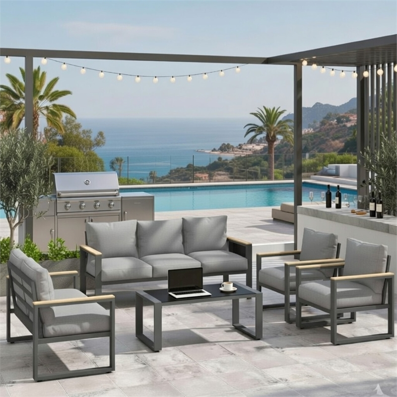 All-Weather 5-Piece Ultra Aluminum Patio Furniture Set - 7-Seat - Gray