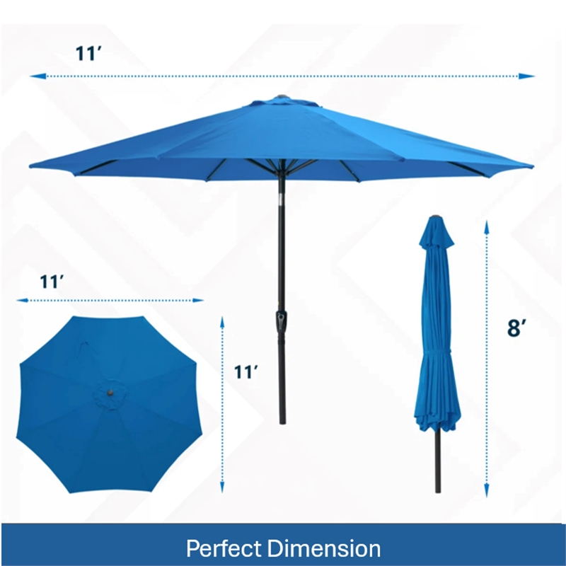 11 Feet Blue Market Patio Umbrella - Crank Lift - Tilt Ribs - UV-Resistant