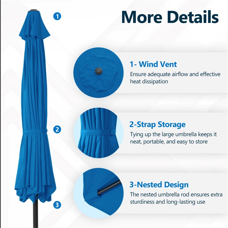 11 Feet Blue Market Patio Umbrella - Crank Lift - Tilt Ribs - UV-Resistant
