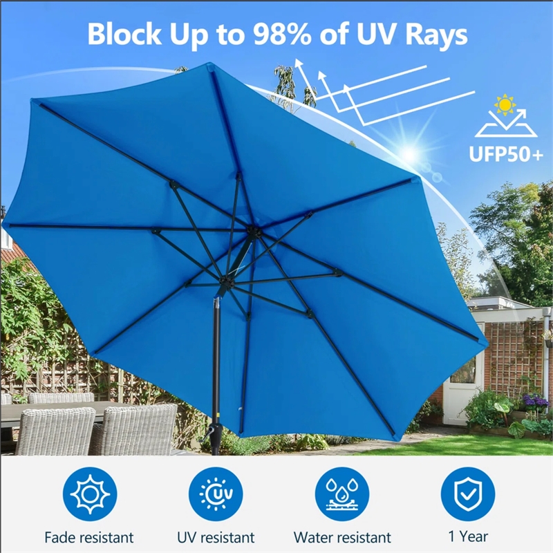 11 Feet Blue Market Patio Umbrella - Crank Lift - Tilt Ribs - UV-Resistant
