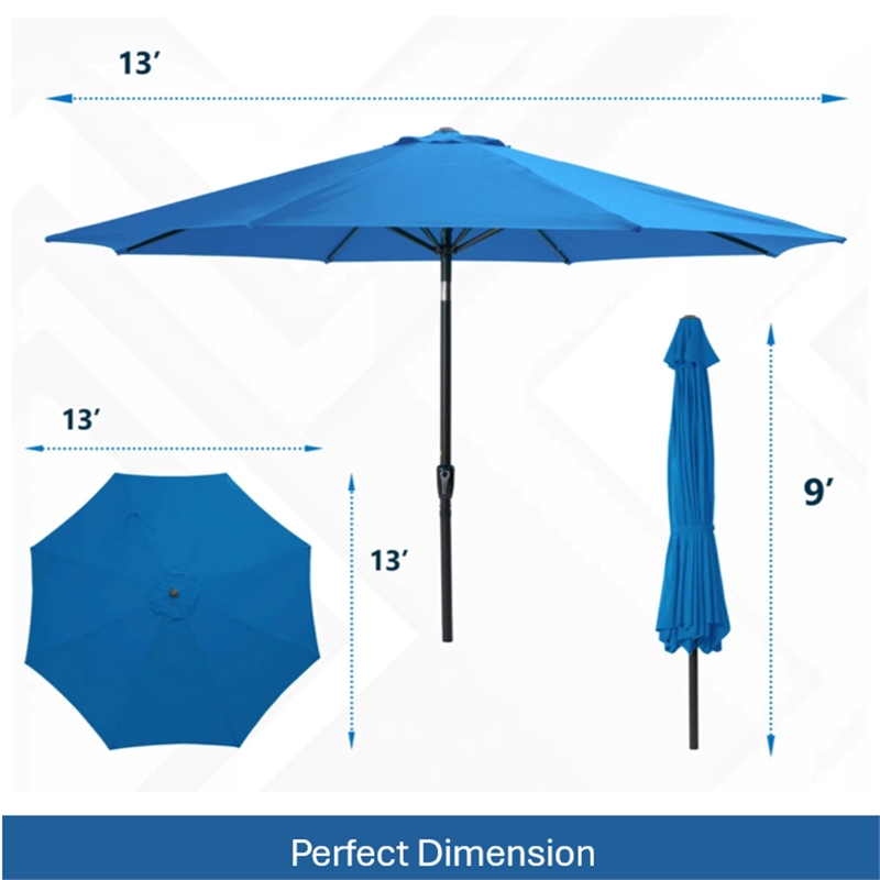13 Feet Blue Market Patio Umbrella - Crank Lift - Tilt Ribs - UV-Resistant