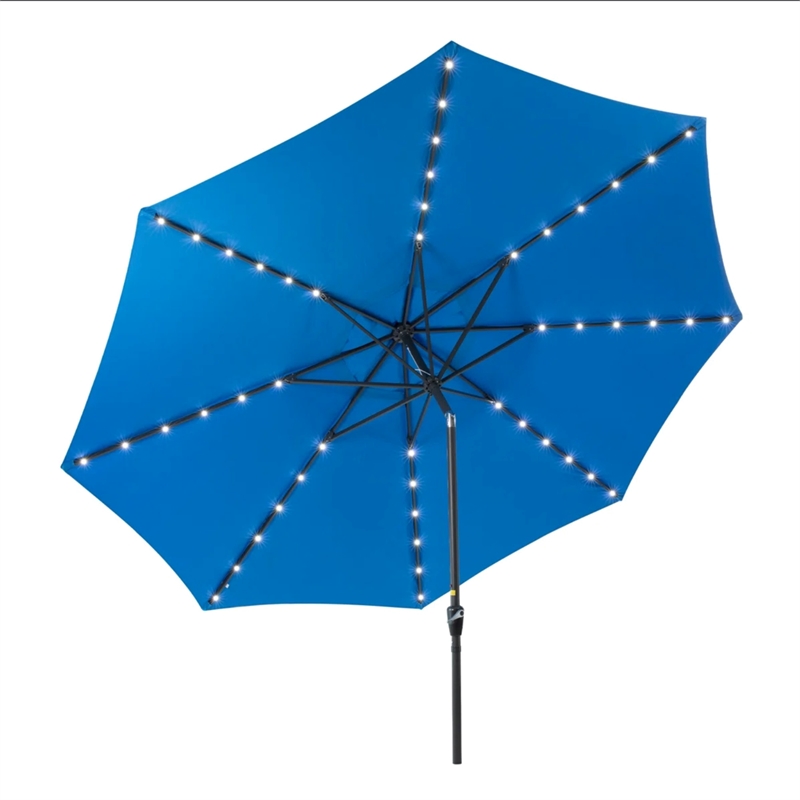11 Feet Blue Solar LED Patio Umbrella - Crank Lift - UV-Resistant