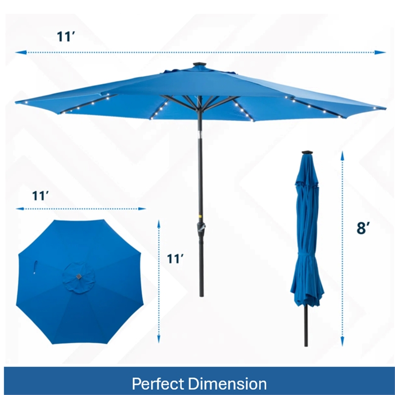 11 Feet Blue Solar LED Patio Umbrella - Crank Lift - UV-Resistant