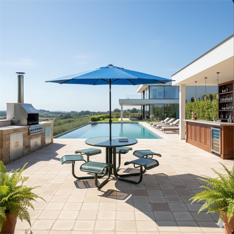 11 Feet Blue Solar LED Patio Umbrella - Crank Lift - UV-Resistant