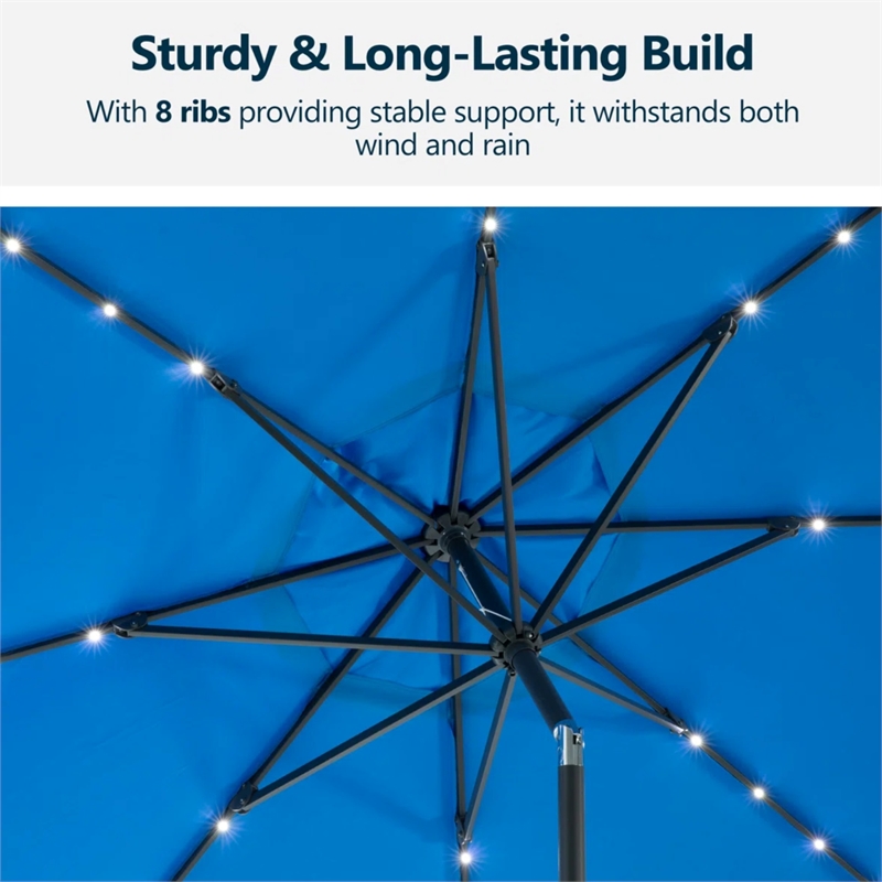 11 Feet Blue Solar LED Patio Umbrella - Crank Lift - UV-Resistant
