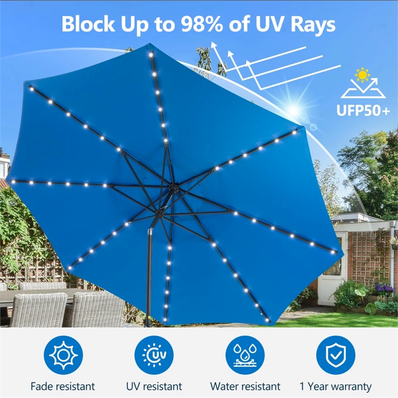 11 Feet Blue Solar LED Patio Umbrella - Crank Lift - UV-Resistant