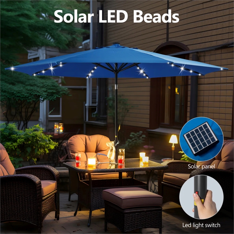 11 Feet Blue Solar LED Patio Umbrella - Crank Lift - UV-Resistant