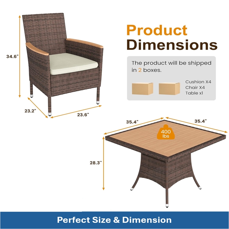 5-Piece All-Weather Brown Rattan Patio Dining Set - Acacia Wood - Brown