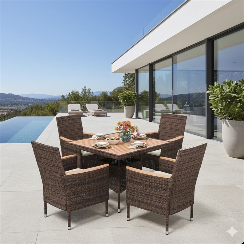 5-Piece All-Weather Brown Rattan Patio Dining Set - Acacia Wood - Brown
