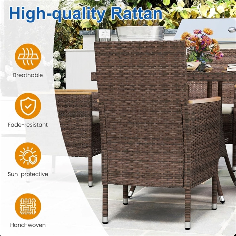 5-Piece All-Weather Brown Rattan Patio Dining Set - Acacia Wood - Brown