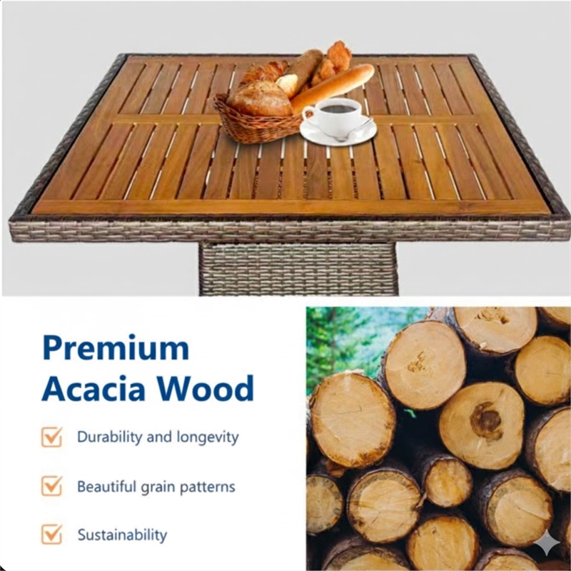 5-Piece All-Weather Brown Rattan Patio Dining Set - Acacia Wood - Brown