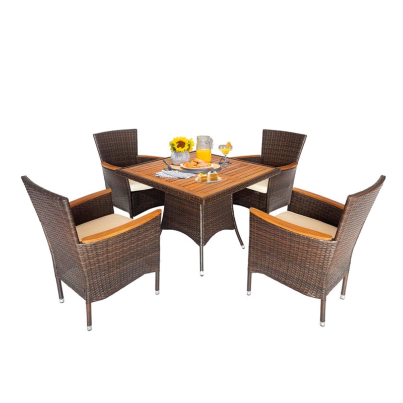 5-Piece All-Weather Brown Rattan Patio Dining Set - Acacia Wood - Brown