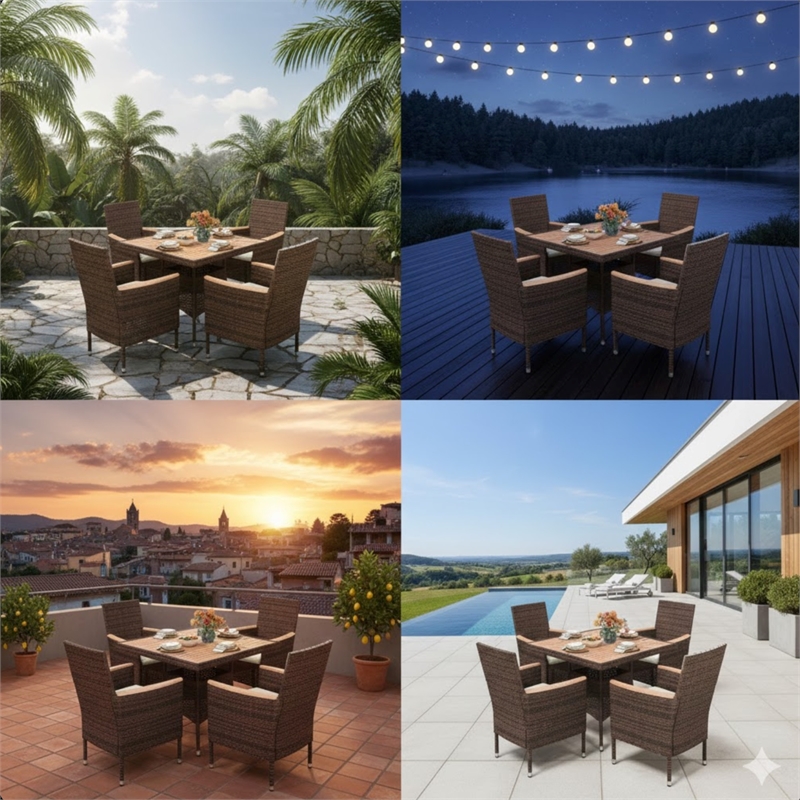 5-Piece All-Weather Brown Rattan Patio Dining Set - Acacia Wood - Brown