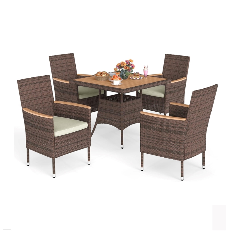 5-Piece All-Weather Brown Rattan Patio Dining Set - Acacia Wood - Brown