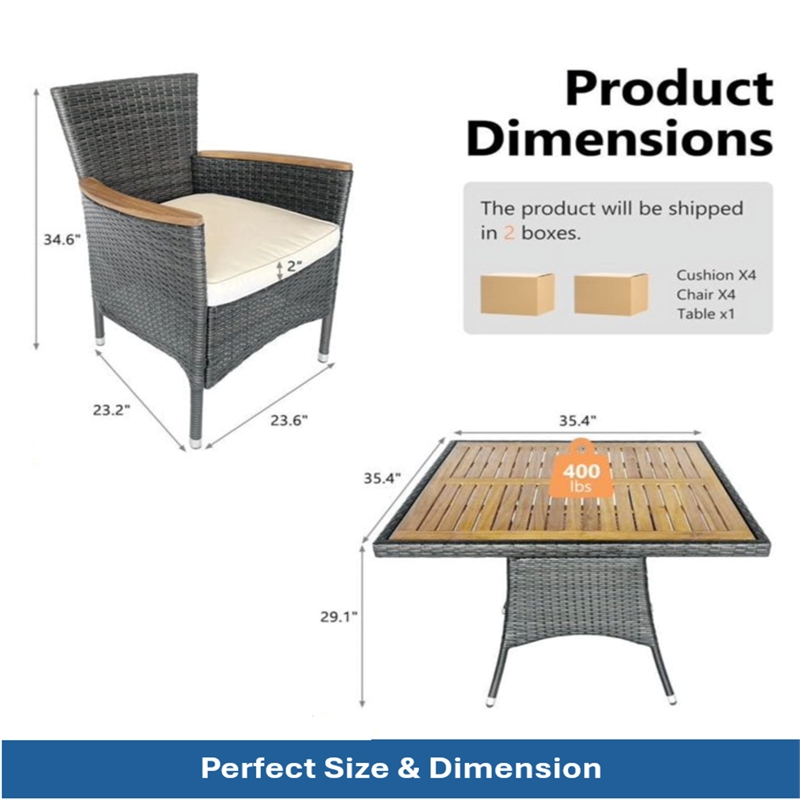 5-Piece All-Weather Gray Rattan Patio Dining Set - Acacia Wood - Brown