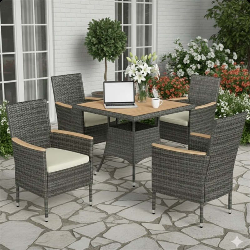 5-Piece All-Weather Gray Rattan Patio Dining Set - Acacia Wood - Brown