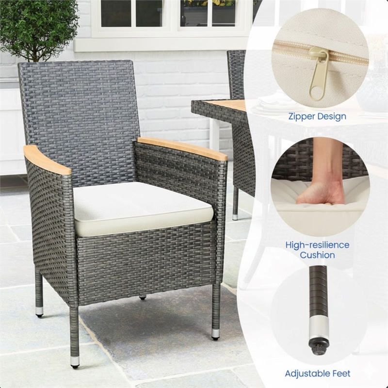 5-Piece All-Weather Gray Rattan Patio Dining Set - Acacia Wood - Brown