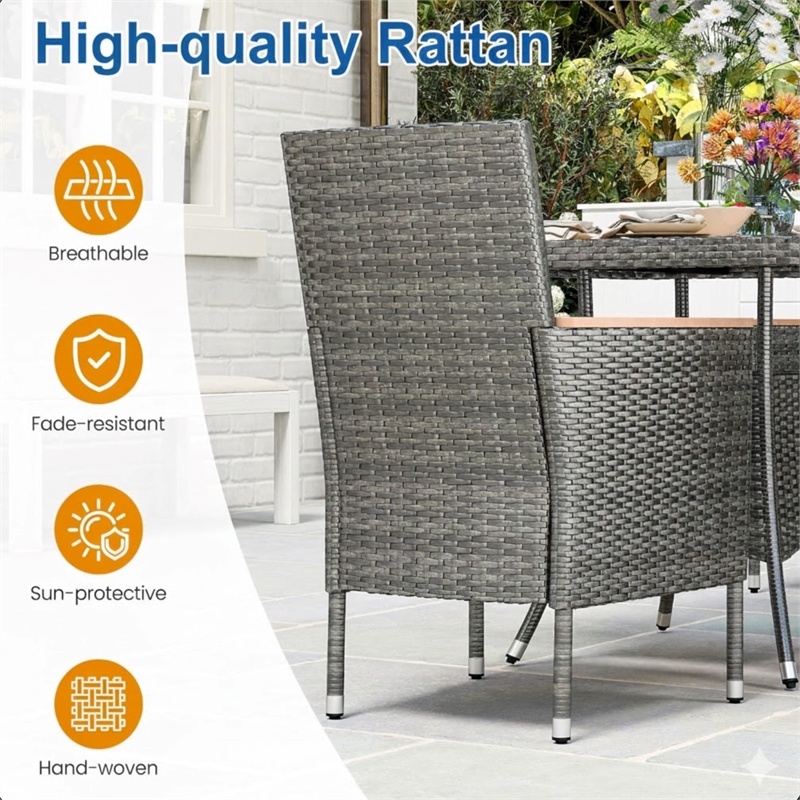 5-Piece All-Weather Gray Rattan Patio Dining Set - Acacia Wood - Brown