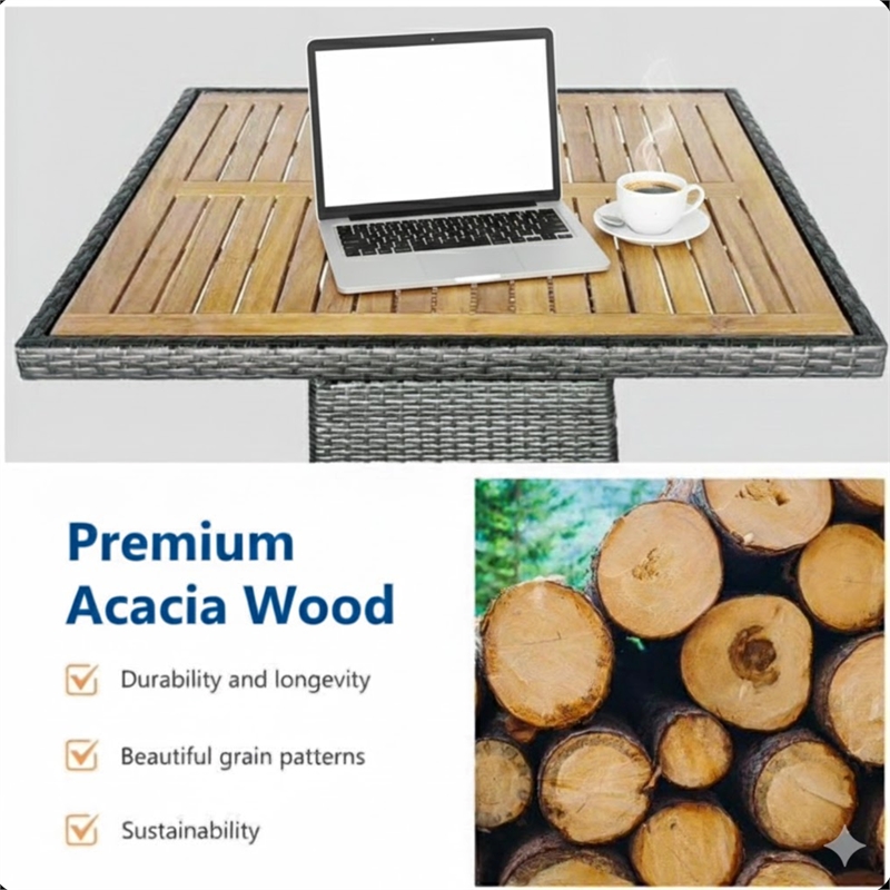 5-Piece All-Weather Gray Rattan Patio Dining Set - Acacia Wood - Brown