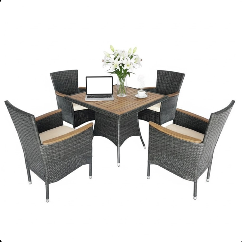 5-Piece All-Weather Gray Rattan Patio Dining Set - Acacia Wood - Brown