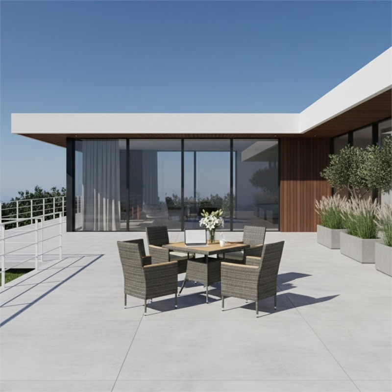 5-Piece All-Weather Gray Rattan Patio Dining Set - Acacia Wood - Brown