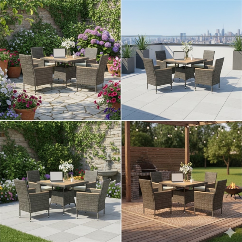 5-Piece All-Weather Gray Rattan Patio Dining Set - Acacia Wood - Brown